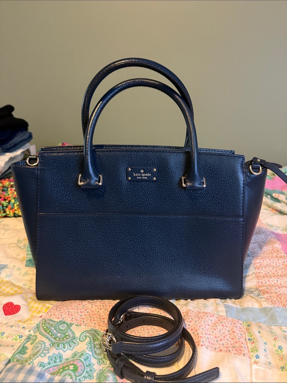 KATE SPADE Lana Grove Street Pebbled Leather Satchel Navy